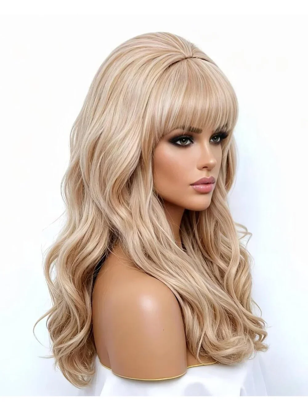 Women's Blonde Mixed Heat Resistant Synthetic Fiber Retro Long Wavy Wigs Bangs
